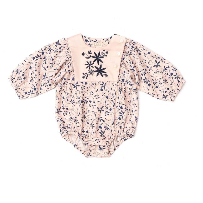 Mila Embroidered Bib Long Sleeve Romper, Pink Vines