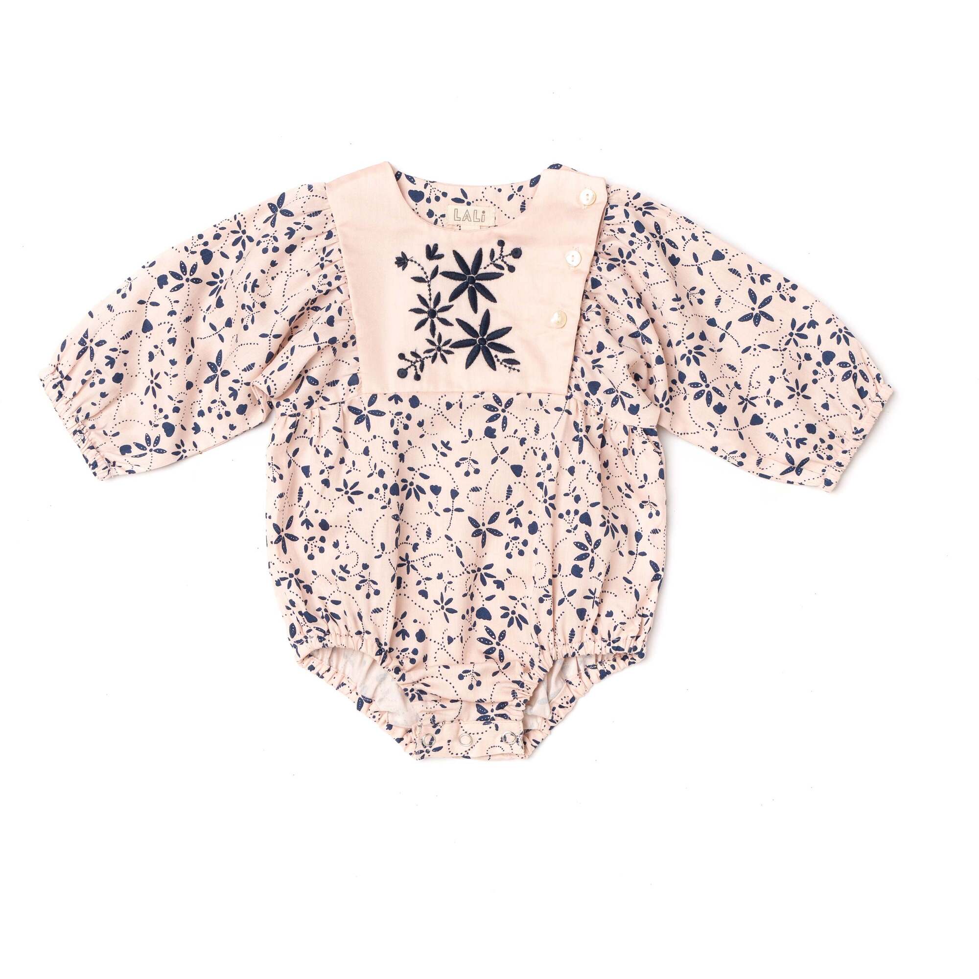 Mila Embroidered Bib Long Sleeve Romper, Pink Vines - Rompers - 1