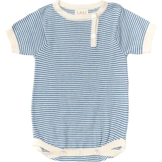 Niam Striped Contrast Trim Short Sleeve Onesie, Blue & Almond Stripe