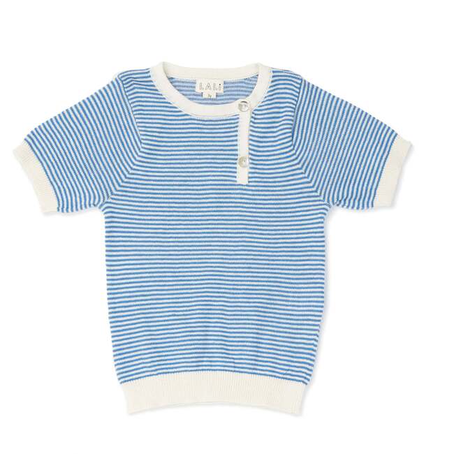 Niam Striped Contrast Trim Short Sleeve Sweater, Blue & Almond Stripe