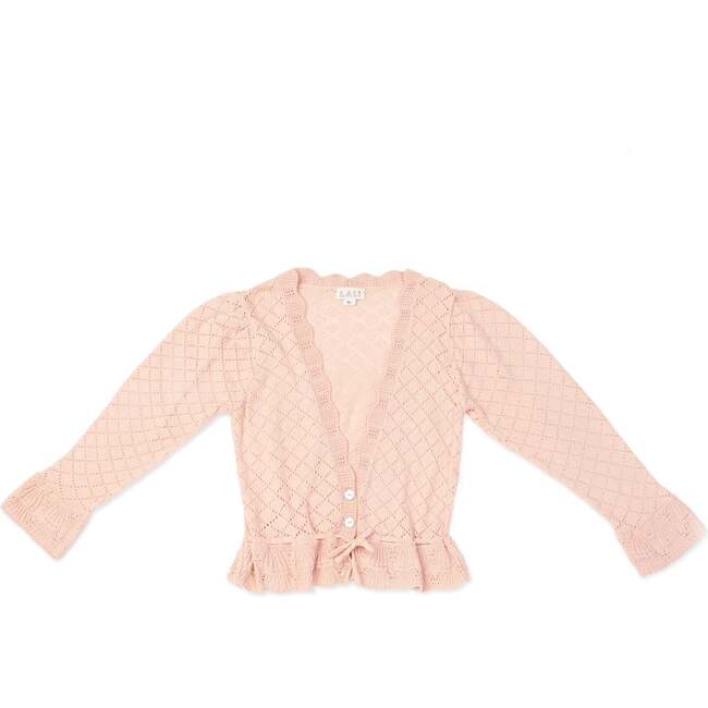 Lacy Knit Scalloped V-Neck Long Cuffed Sleeve Tie Waist Cardigan, Pink