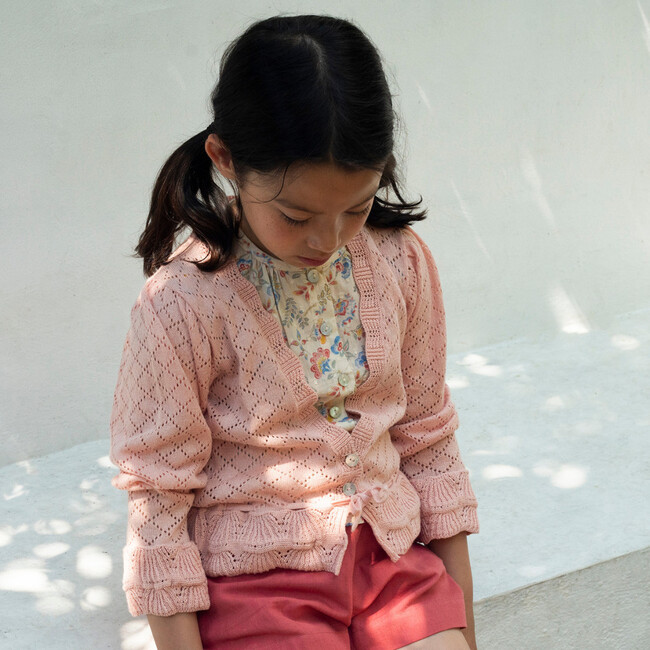 Lacy Knit Scalloped V-Neck Long Cuffed Sleeve Tie Waist Cardigan, Pink - Sweaters - 2
