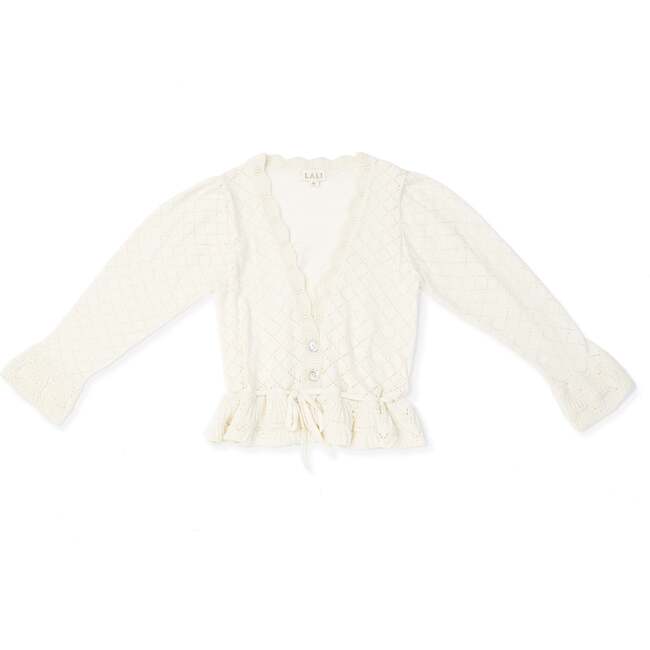 Lacy Knit Scalloped V-Neck Long Cuffed Sleeve Tie Waist Cardigan, Almond