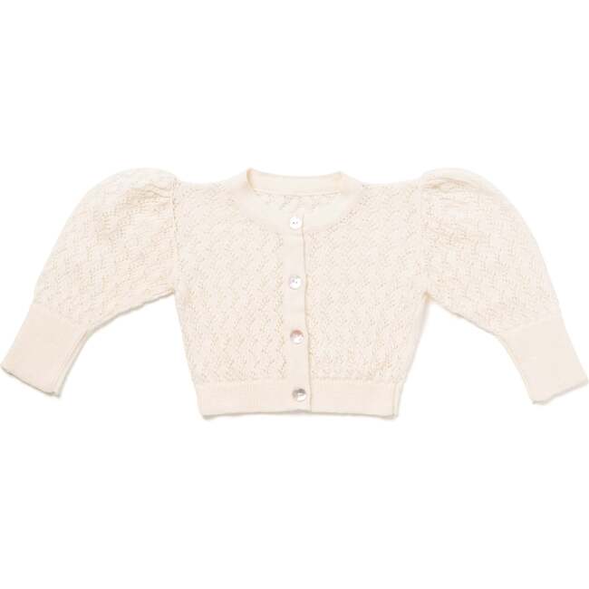 Lacy Knit Elongated Cuff Long Puff Sleeve Cardigan, Sand