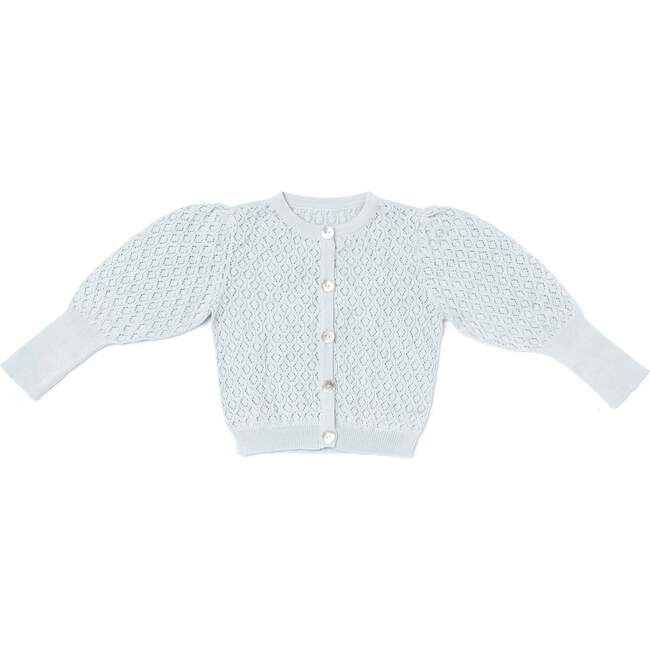 Lacy Knit Elongated Cuff Long Puff Sleeve Cardigan, Light Blue