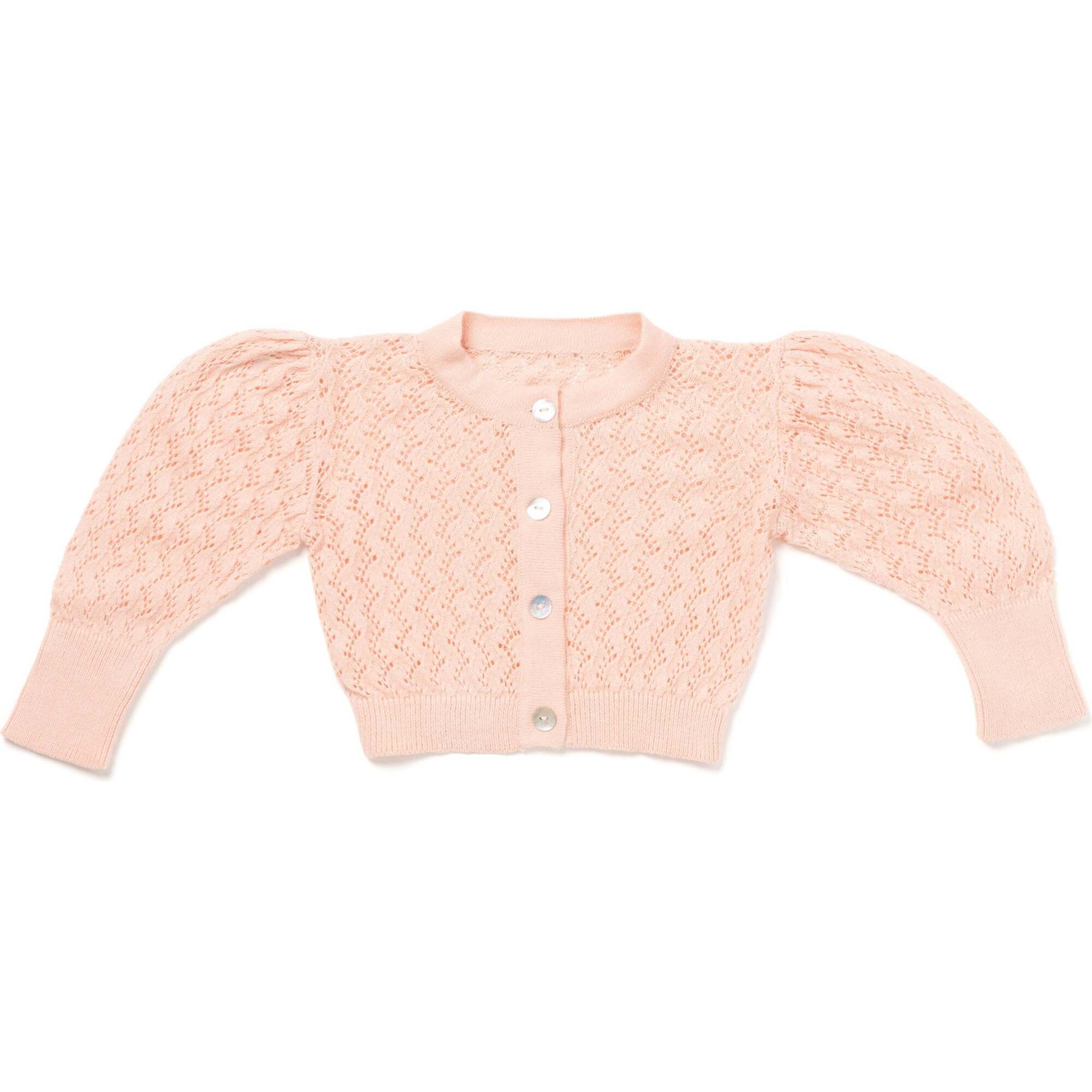Lacy Knit Elongated Cuff Long Puff Sleeve Cardigan, Evening Sand - Cardigans - 1