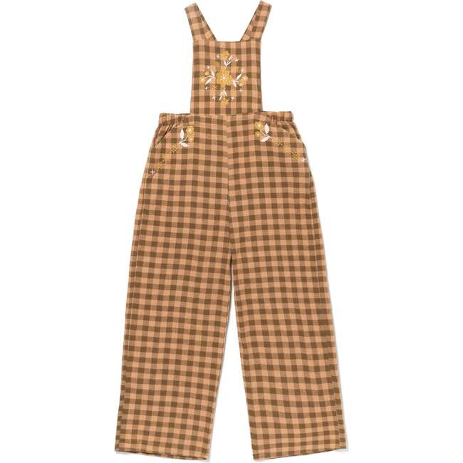 Embroidered Sleeveless Straight Leg Long Overalls, Green Gingham