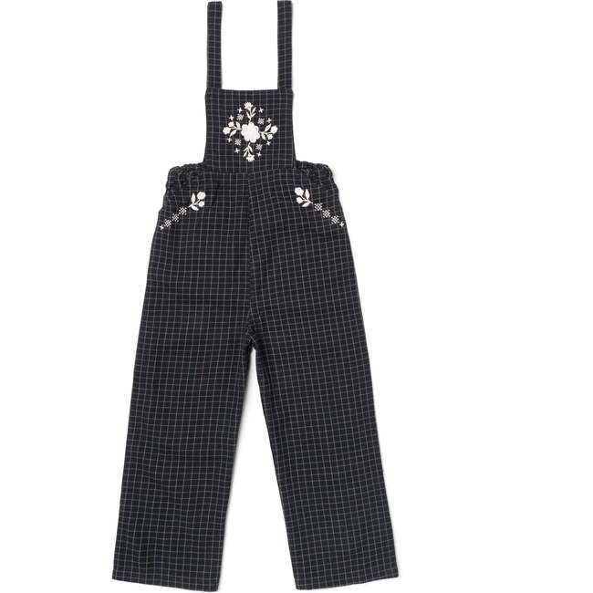 Embroidered Sleeveless Straight Leg Long Overalls, Navy Yarn Dye