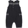 Embroidered Front Buttoned Sleeveless Jumpsuit, Navy Yarn Dye - Rompers - 1 - thumbnail