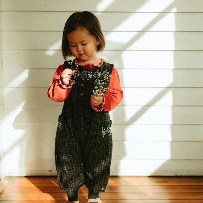 Embroidered Front Buttoned Sleeveless Jumpsuit, Navy Yarn Dye - Rompers - 2