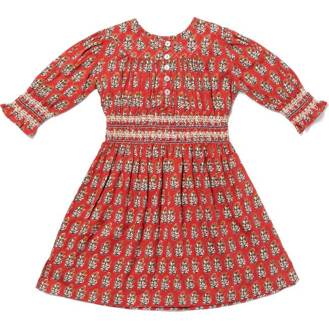 Eleanor 3-Quarter Cuff Sleeve Smocked Lace Waist Dress, Red Block Print