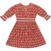 Eleanor 3-Quarter Cuff Sleeve Smocked Lace Waist Dress, Red Block Print - Dresses - 1 - thumbnail