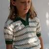 Ames Swiss Cross Knit Contrast Ribbed Trim Short Sleeve Sweater, Cream & Green - Sweaters - 2