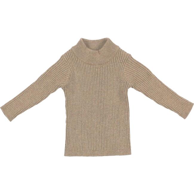 Rib Knit Mock Polo Neck Long Sleeve Shirt, Heather Sand