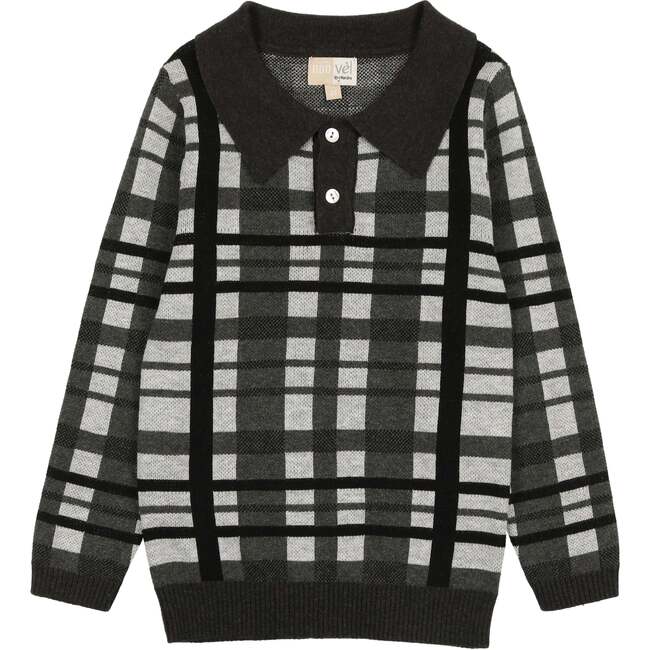 Plaid Button Collared Crew Fit Sweater, Black