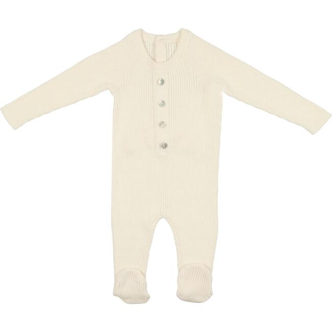 Button Knit Long Sleeve Footie, Ivory