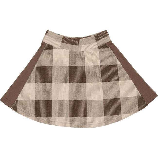 Corduroy Plaid Panel Solid Side A-Line Short Skirt, Taupe