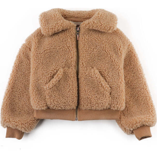 Girls Faux Shearling Bomber Jacket With Ribbed Hem And Cuffs, Beige