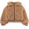 Girls Faux Shearling Bomber Jacket With Ribbed Hem And Cuffs, Beige - Jackets - 1 - thumbnail