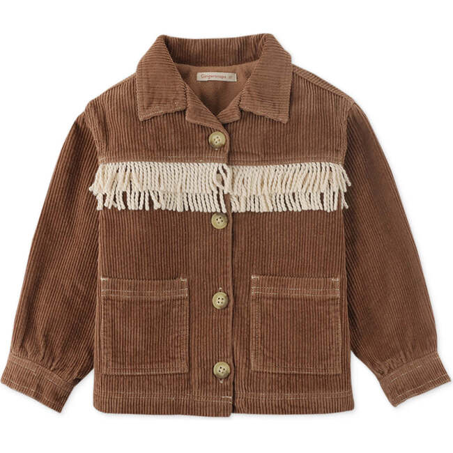 Girls Cord Jacket With Collar And Contrast Fringes, Brown - Jackets - 1