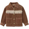 Girls Cord Jacket With Collar And Contrast Fringes, Brown - Jackets - 1 - thumbnail