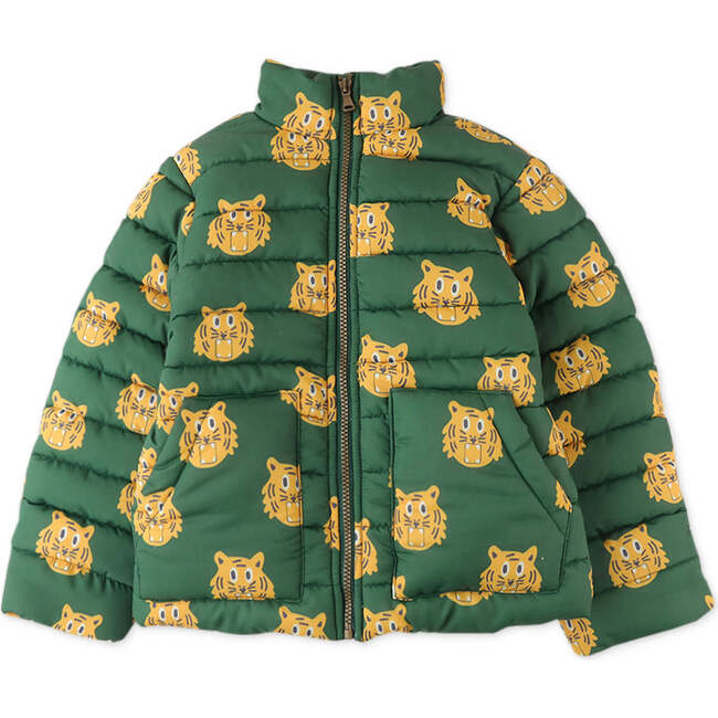 Boys Tiger Heads Print Puffer Jacket, Green