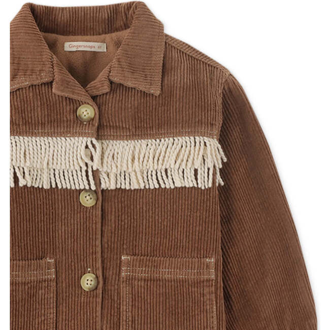 Girls Cord Jacket With Collar And Contrast Fringes, Brown - Jackets - 3