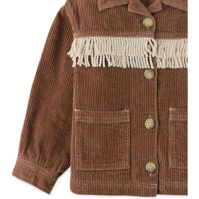 Girls Cord Jacket With Collar And Contrast Fringes, Brown - Jackets - 4