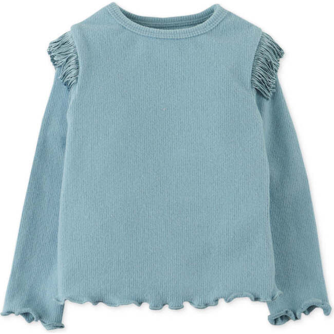 Baby Girls Ribbed Top With Fringe Details & Lettuce Hem, Blue - Blouses - 1