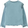 Baby Girls Ribbed Top With Fringe Details & Lettuce Hem, Blue - Blouses - 1 - thumbnail