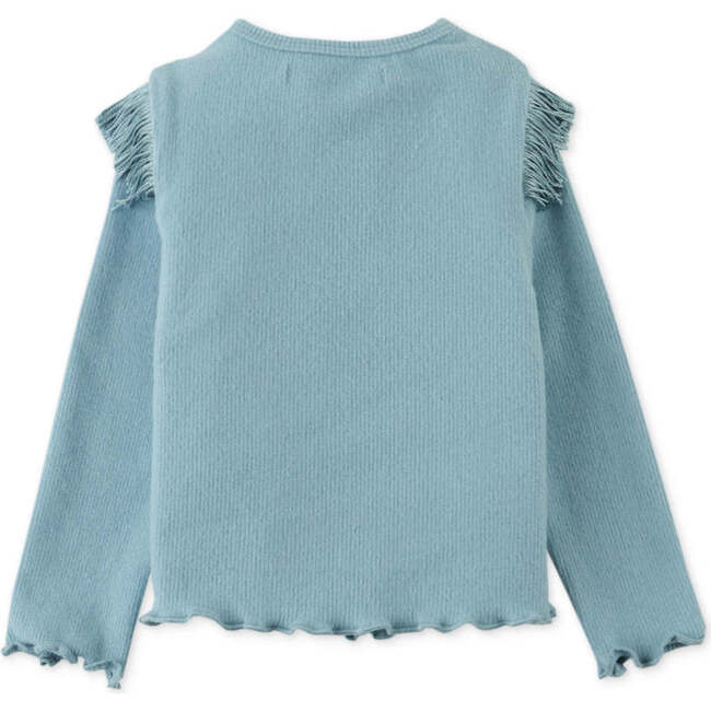 Baby Girls Ribbed Top With Fringe Details & Lettuce Hem, Blue - Blouses - 2