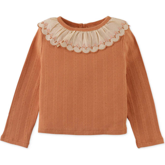 Baby Girls Rib Tee With Embroidered Scallop Collar, Tan - Blouses - 1