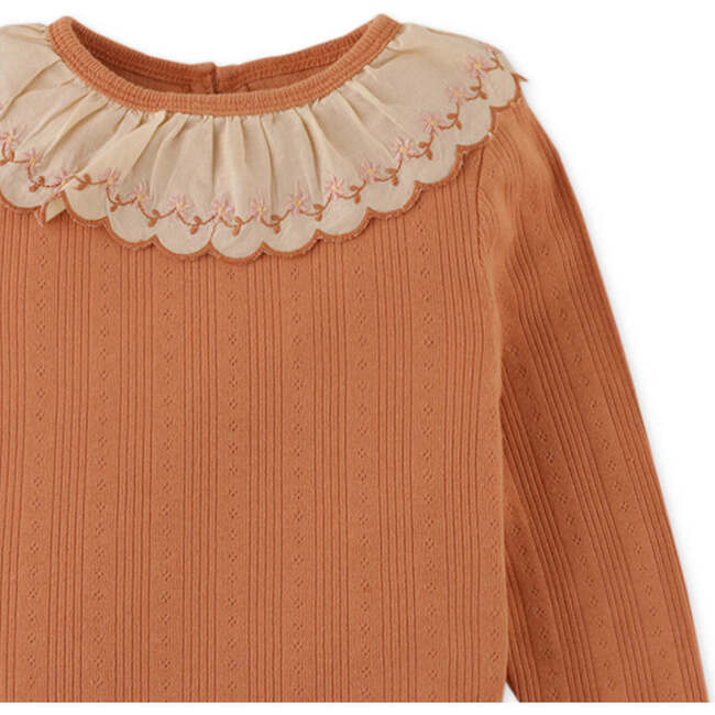 Baby Girls Rib Tee With Embroidered Scallop Collar, Tan - Blouses - 3