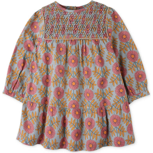 Baby Girls Floral Tiered Dress With Smocking Contrast Binding, Multi