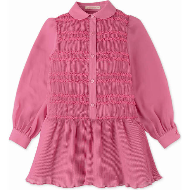 Girls Smocked Dress With Electric Pleated Skirt Detail, Pink