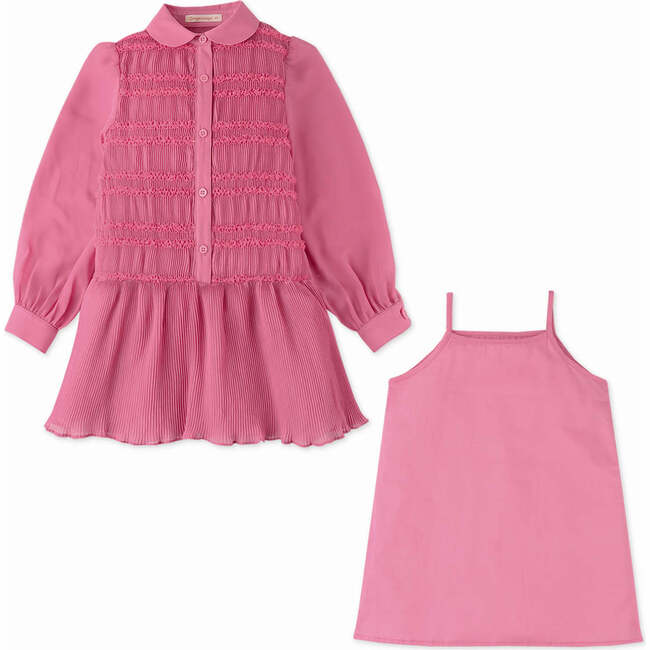 Girls Smocked Dress With Electric Pleated Skirt Detail, Pink - Dresses - 3