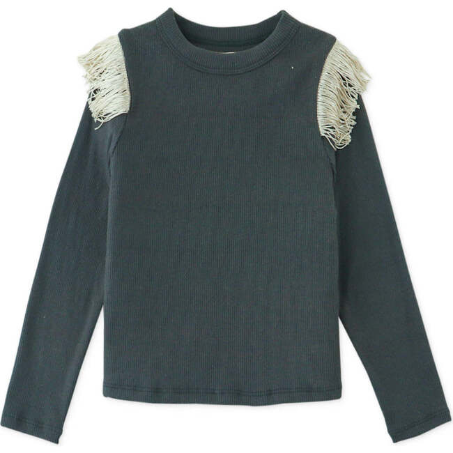 Girls Ribbed Knit Top With Fringe Detail, Black