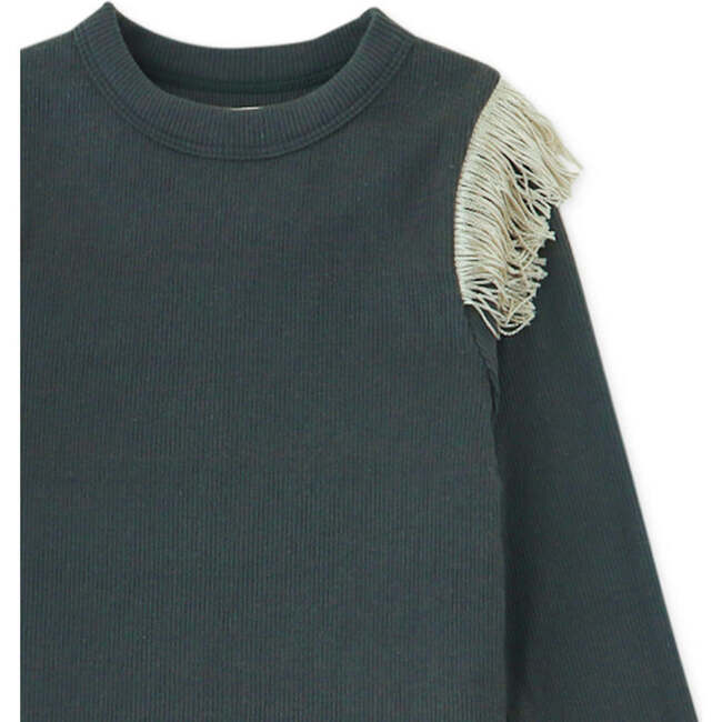 Girls Ribbed Knit Top With Fringe Detail, Black - Blouses - 3