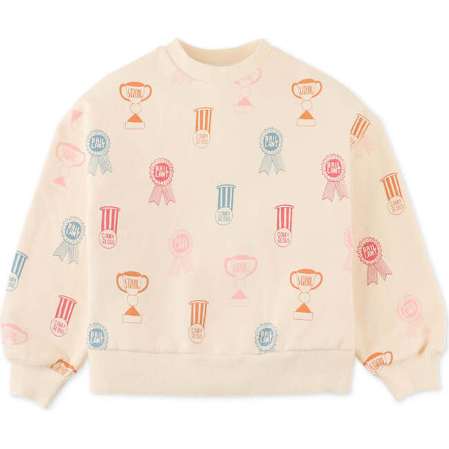 Girls Printed Fleece Pullover With Ribbing Combi, Beige - Sweaters - 1