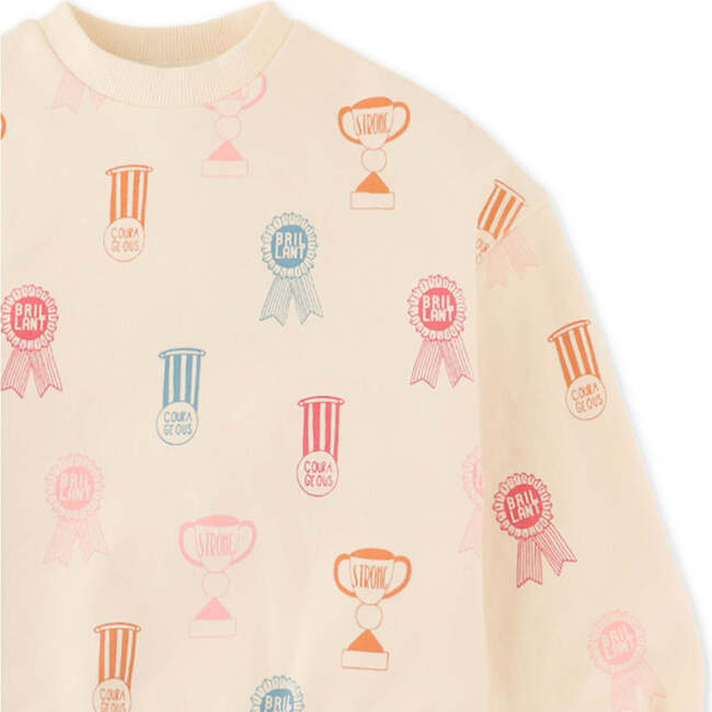 Girls Printed Fleece Pullover With Ribbing Combi, Beige - Sweaters - 3