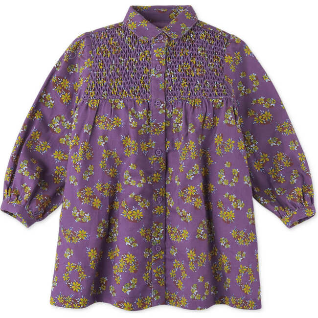 Baby Girls Floral Print Dress With Smockings, Purple - Dresses - 1