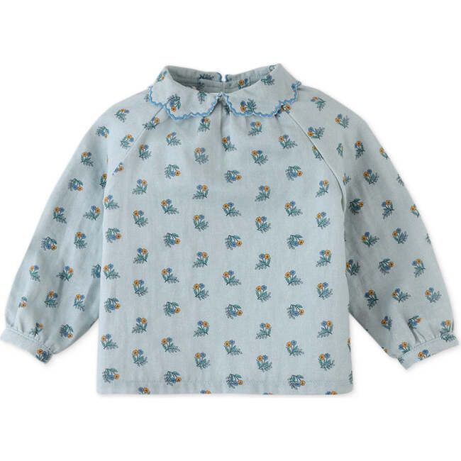 Baby Girls Floral Blouse With Scallop Collar And Contrast Embro, Blue