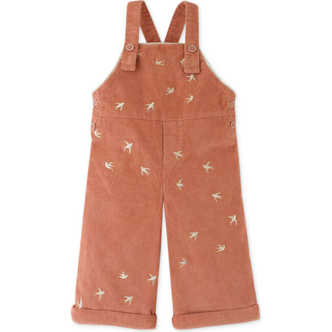 Baby Girls Corduroy Jumper With Brid Embroidery, Tan - Rompers - 1