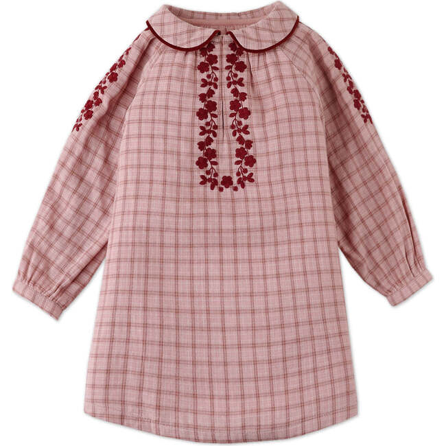 Baby Girls Checkered Dress With Embroidery Details, Red