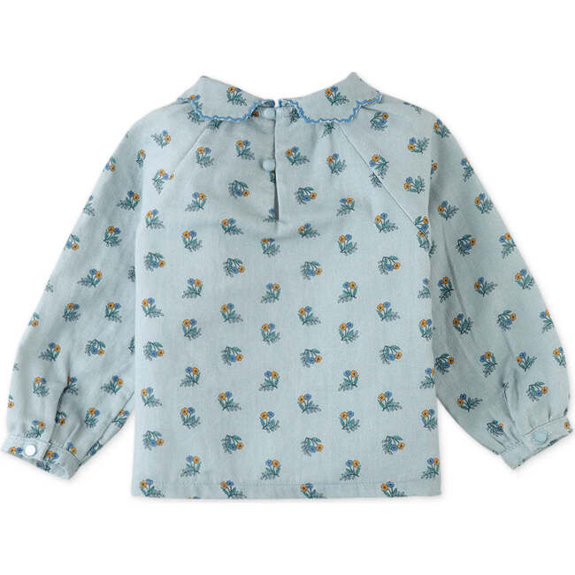 Baby Girls Floral Blouse With Scallop Collar And Contrast Embro, Blue - Blouses - 2