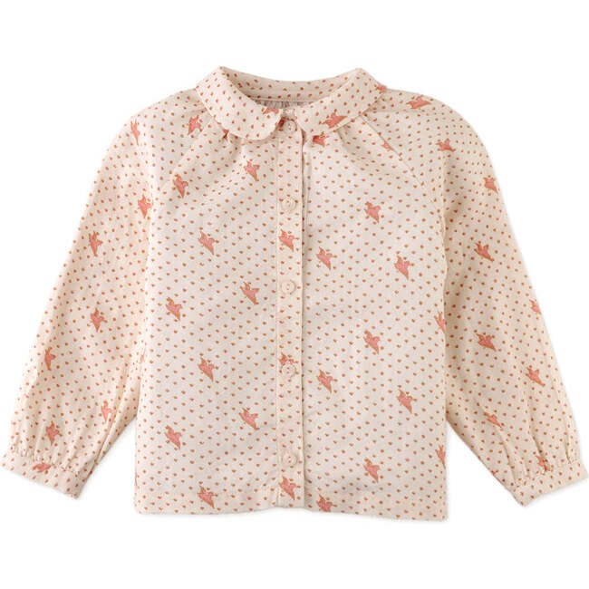 Baby Girls Bird Print Blouse With Peter Pan Collar, Beige - Blouses - 1