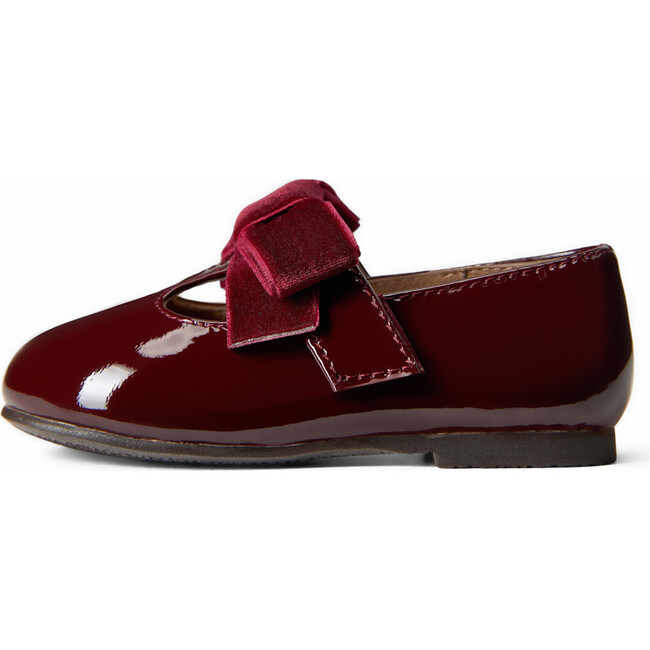 Yael Glossy Leather Velvet Bow T-Bar Strap Shoes, Burgundy - T-Straps - 1