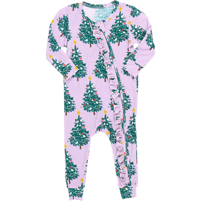 Baby Girls Bamboo Ruffle Romper, Purple Flocked Tree