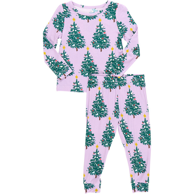 Kids Bamboo PJ Set, Purple Flocked Tree