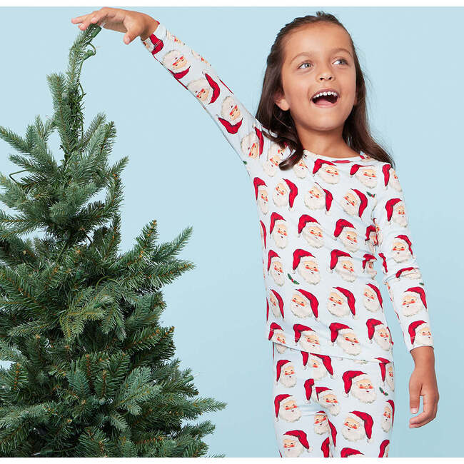 Kids Bamboo PJ Set, Blue Vintage Santas - Pajamas - 2